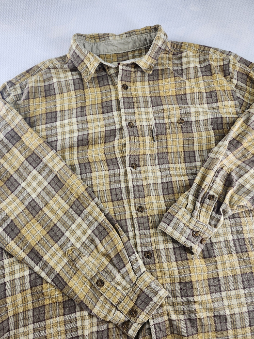 Woolrich Mens Flannel Shirt XL Dark Shale Brown Yellow Plaid Cotton